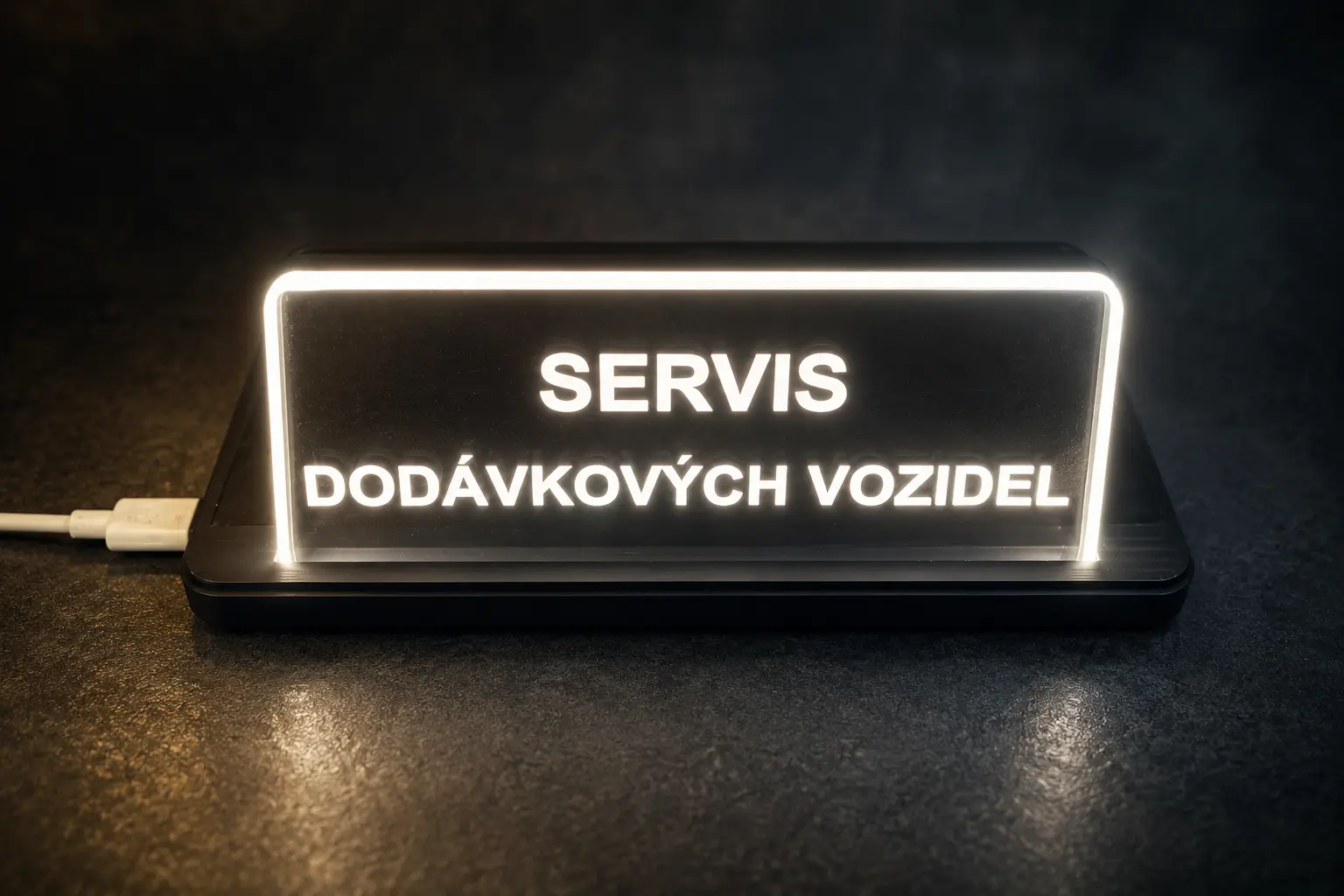Svítící jmenovka s názvem firemní služby